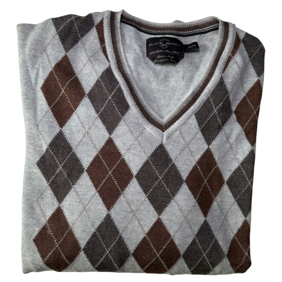 Black Brown 1826 Italian Merino Wool Sweater Argyle V-Neck XL Made
